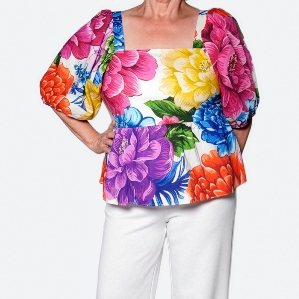 FARM Rio Rainbow Chita Peplum Blouse XL 1X 14 16 Luxury 100% Cotton Floral